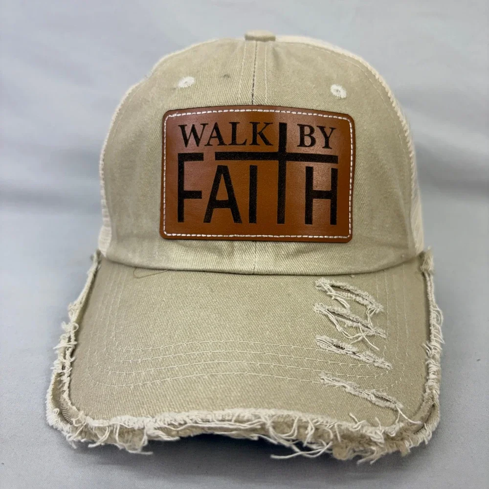 Walk By Faith Christian Cross Distressed Trucker Hat Snapback Leather Patch